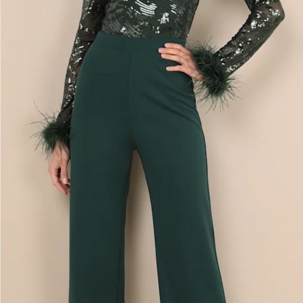 Limitless Radiance Green Sequin Feather Long Sleeve Jumpsuit